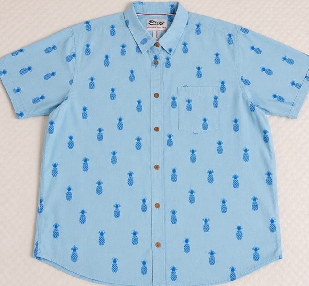 Plugg Pineapple Print Button Front Shirt Mens Large Blue Hawaiian Tropical